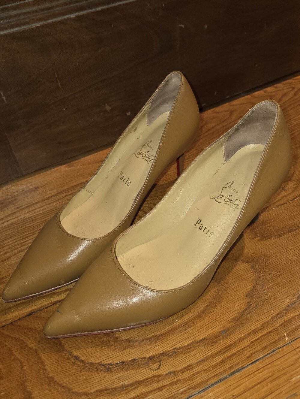 Christian Louboutin Olive-Tan Pointed Leather Pumps 65mm